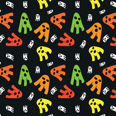 Cute Halloween Ghosts seamless pattern  in orange, green, red yellow and white on black background. 
For Halloween posters, T shirts and greeting cards 