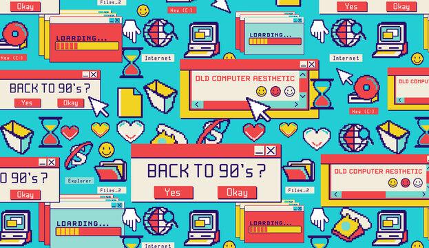 Nostalgia desktop. Colorful user interface.Old computer aesthetic illustration, retrowave style wallpaper. Vibrant background.