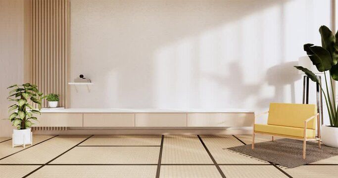 Cabinet wooden display design on room japanese minimalist living room interior, 3D rendering