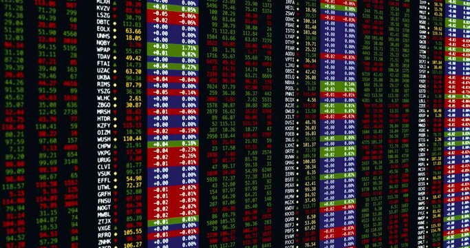 Balanced stock market trading quotes ticker board with random fictional company names. Mathematically correct simulation of security prices, buyers and sellers asks/bids count.