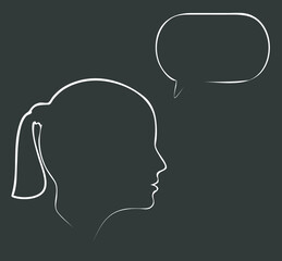 Portrait. Linear silhouette of girl with dialogue speech bubble. Conversation. Dialogue. Woman. Female avatar face.