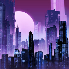 Artwok illustration of futuristic sci-fi cityscape with neon lights in fog at night. © breakermaximus