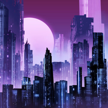 Artwok illustration of futuristic sci-fi cityscape with neon lights in fog at night.