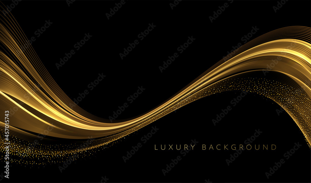 Poster Abstract Gold Waves. Shiny golden moving lines design element with glitter effect on dark background for greeting card and disqount voucher.