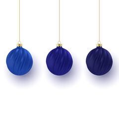 Set of beautiful exclusive blue decorative christmas balls, isolate on white background. 3D illustration. Space for text. High quality photo