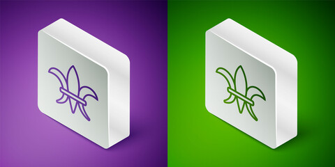 Isometric line Fleur De Lys icon isolated on purple and green background. Silver square button. Vector © Vadim