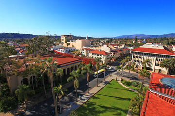Aerial view of Santa Barbara historic city center with Santa Ynez Mountains at the background, from...