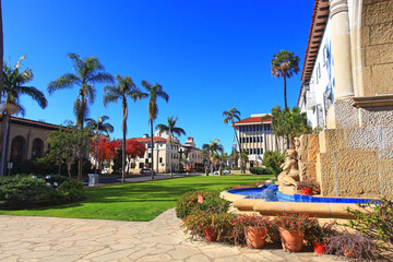 Historic Anacapa Street at E Figueroa Street near Santa Barbara County Courthouse with Santa Ynez...
