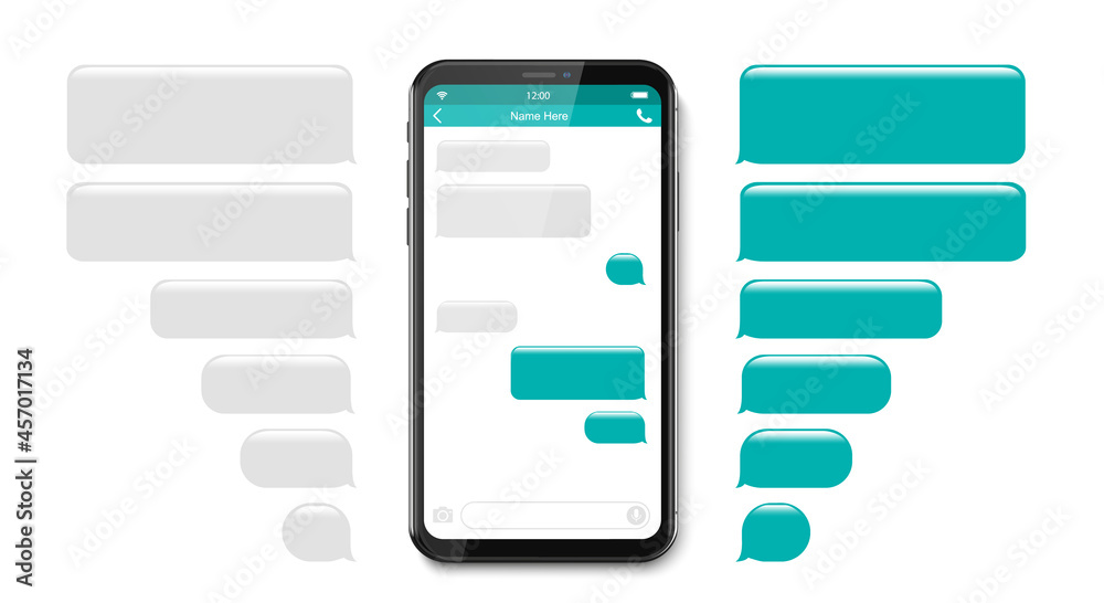 Poster flat vector smartphone sms app template. chat interface. message bubbles