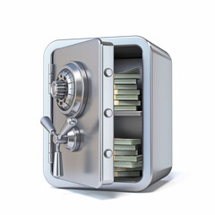 Unlocked steel safe with money inside 3D - obrazy, fototapety, plakaty