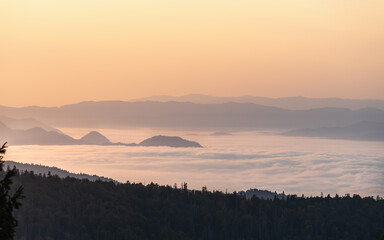 Pieniny we mgle o wschodzie słońca widok z Turbacza na Pieniny i dolinę Dunajca