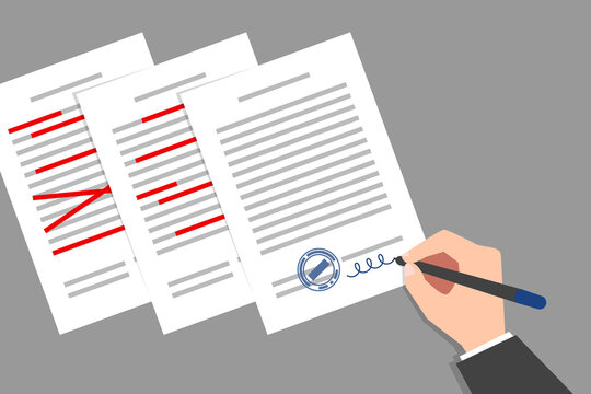 Stack of documents with corrections, and signing final corrected document