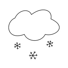 Cloud with falling snowflakes contour line art black and white isolated vector illustration in doodle style. Snow cold weather forecast icon or logo design element. Winter season clip art object. 