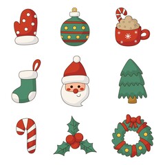cute christmas flat icon set isolated on white background. vector Illustration.