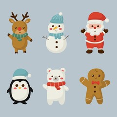 cute christmas characters elements set isolated on blue background. 