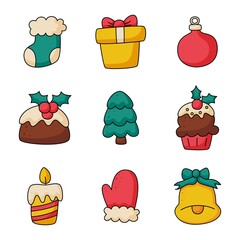 cute christmas flat icon set isolated on white background. vector Illustration.