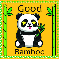 Oso panda con estrellas en sus ojos sosteniendo una rama de bambú.