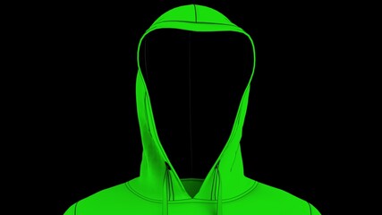 Anonymous hacker with green tone color hoodie in shadow under spot lighting background. Dangerous criminal concept image. 3D CG. 3D illustration. 3D high quality rendering.