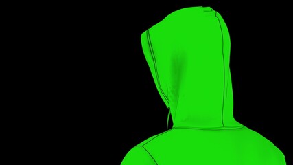 Anonymous hacker with green tone color hoodie in shadow under spot lighting background. Dangerous criminal concept image. 3D CG. 3D illustration. 3D high quality rendering.