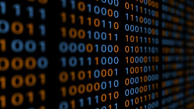 Loopable: Digital data 3D abstract technology background. Bits grouped into bytes randomly change binary values. Data analysis, big data, information technology concept. .