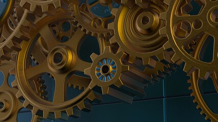 Mechanism yellow gold metallic gears and cogs at work on blue plate under spot light background. Industrial machinery. 3D illustration. 3D high quality rendering. 3D CG.