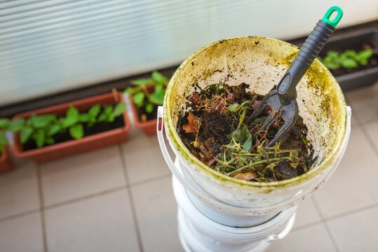 An open container with topped compost on the apartment balcony.