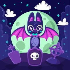 flat  cute halloween bat tombstone vector design illustration