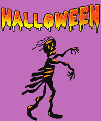 Word halloween written in shades of orange yellow and red outline black zombie black with orange red eyes with raised arms on purple background