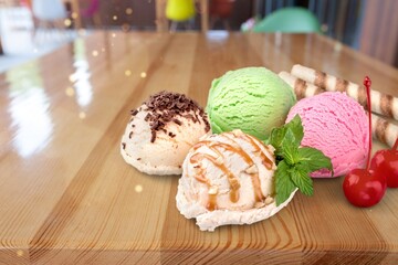 Set of various colorful Ice Cream scoops with different flavors and fresh ingredients