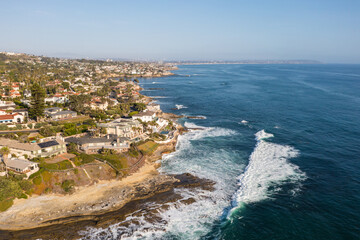 Aerial view of Windansea Beach in La Jolla with expensive coastal homes. 