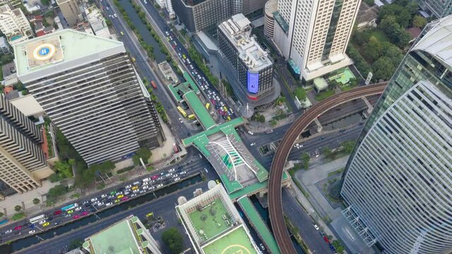 Of traffic on city streets in Thailand. Aerial view and top view Expressway with car lots.