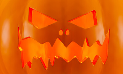 Fototapeta premium Scary Jack O Lantern halloween pumpkin, close-up. Background for a Halloween banner, 3d rendering. Creepy pumpkin close-up, 3d