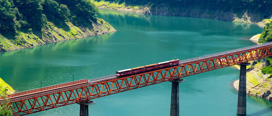 Oigawa railway ABT Line Trains running on the Okuoi Rainbow Bridge.