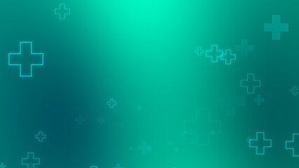 Medical health blue green cross neon light shapes pattern background. Abstract healthcare technology and science concept.