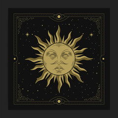 Sun or solar face with cloud in engraving style, hand drawn, line art, luxury, celestial, esoteric, boho
