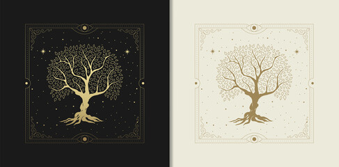 Sacred tree at starry night in engraving, hand drawn, luxury, celestial, esoteric, boho style, fit for spiritualist, religious, paranormal, tarot reader, astrologer or tattoo © ekosuwandono