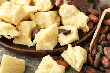 Bowl with cocoa butter and beans, closeup