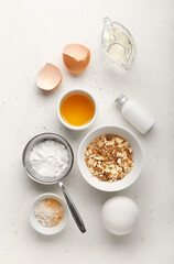 Different natural ingredients for homemade cosmetics on white background