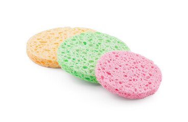 Colorful sponges for makeup cleaning on white background