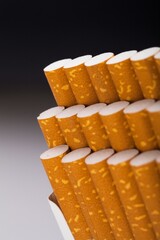 Pack of row of cigarettes with dark filters and white
