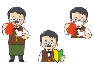 喫茶店のマスター　求人募集　初心者マーク　マスク着用