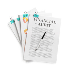 Stack of financial audit documents on white background