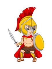Cartoon spartan warrior boy holding sword and shield