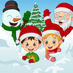 Christmas celebrating with kids, snowman and santa claus