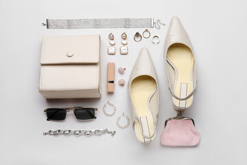 Shoes of female accessories and shoes on white background