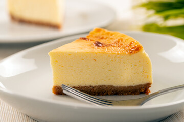 Piece of homemade plain cheesecake