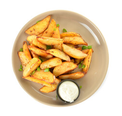 Plate with tasty baked potato and sauce on white background