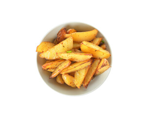 Bowl with tasty baked potato on white background