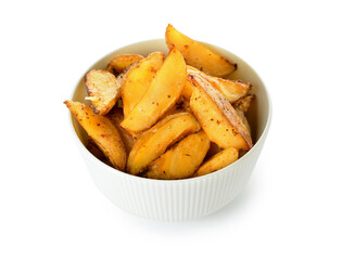 Bowl with tasty baked potato on white background