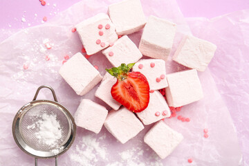 Tasty sweet marshmallows and strawberry on color background